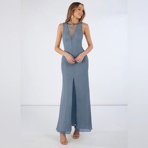 V-neckline, mermaid flare, slit is in the middle of floor length chiffon dress